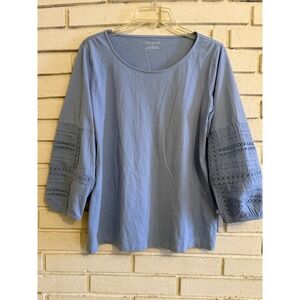 Talbots Womens Peasant Top Size Medium- Blue Cotton Puff Sleeve Boho Blouse